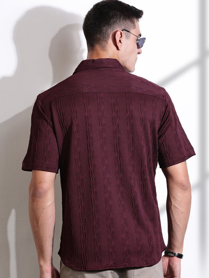 Thomas Scott Men Maroon Oversized Textured Knitted Casual Shirt