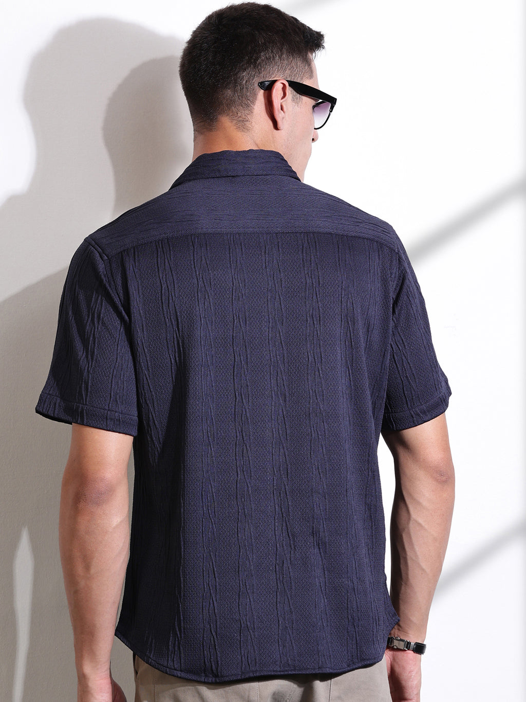 Thomas Scott Men Navy Oversized Textured Knitted Casual Shirt