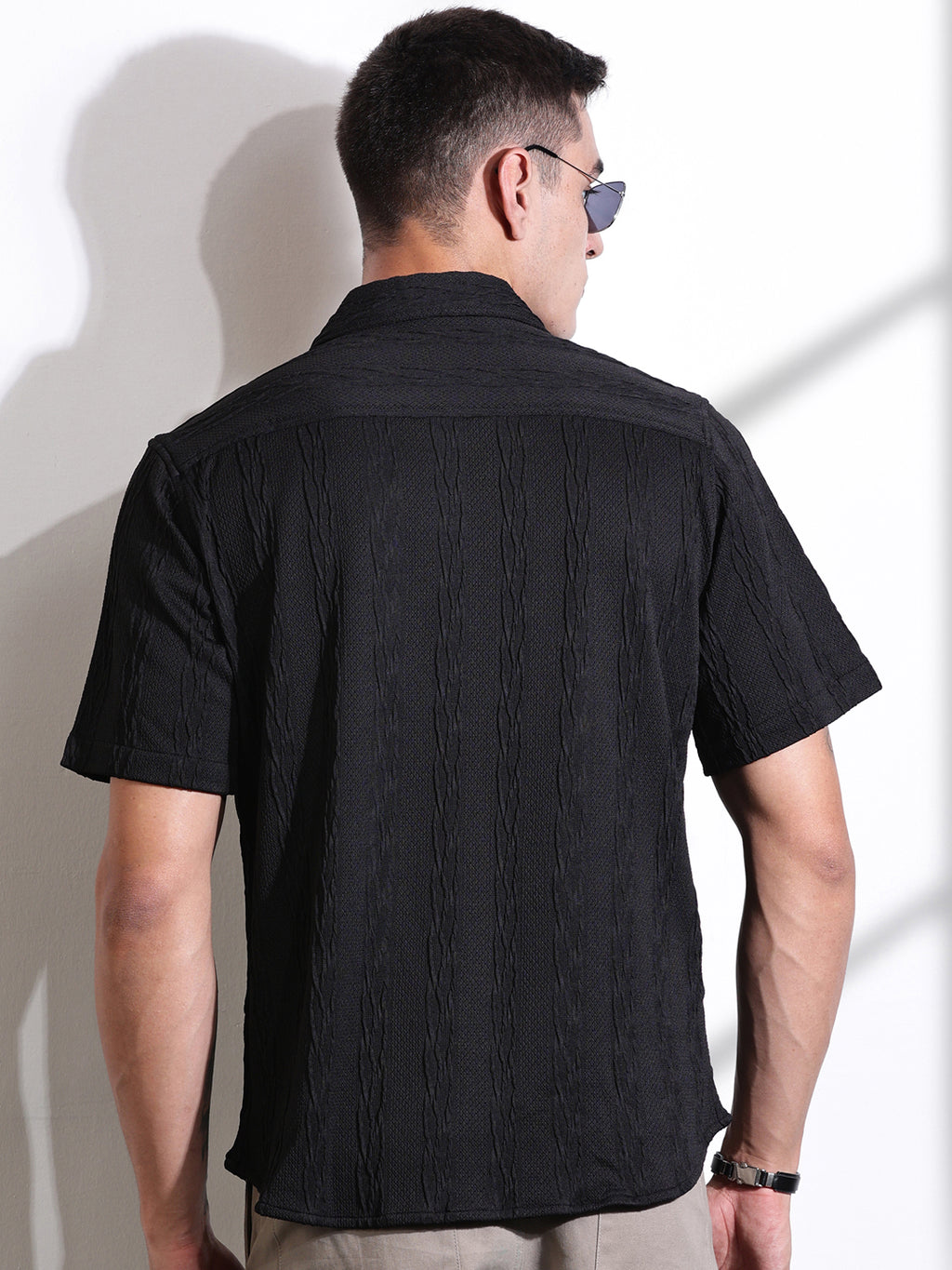 Thomas Scott Men Black Oversized Textured Knitted Casual Shirt