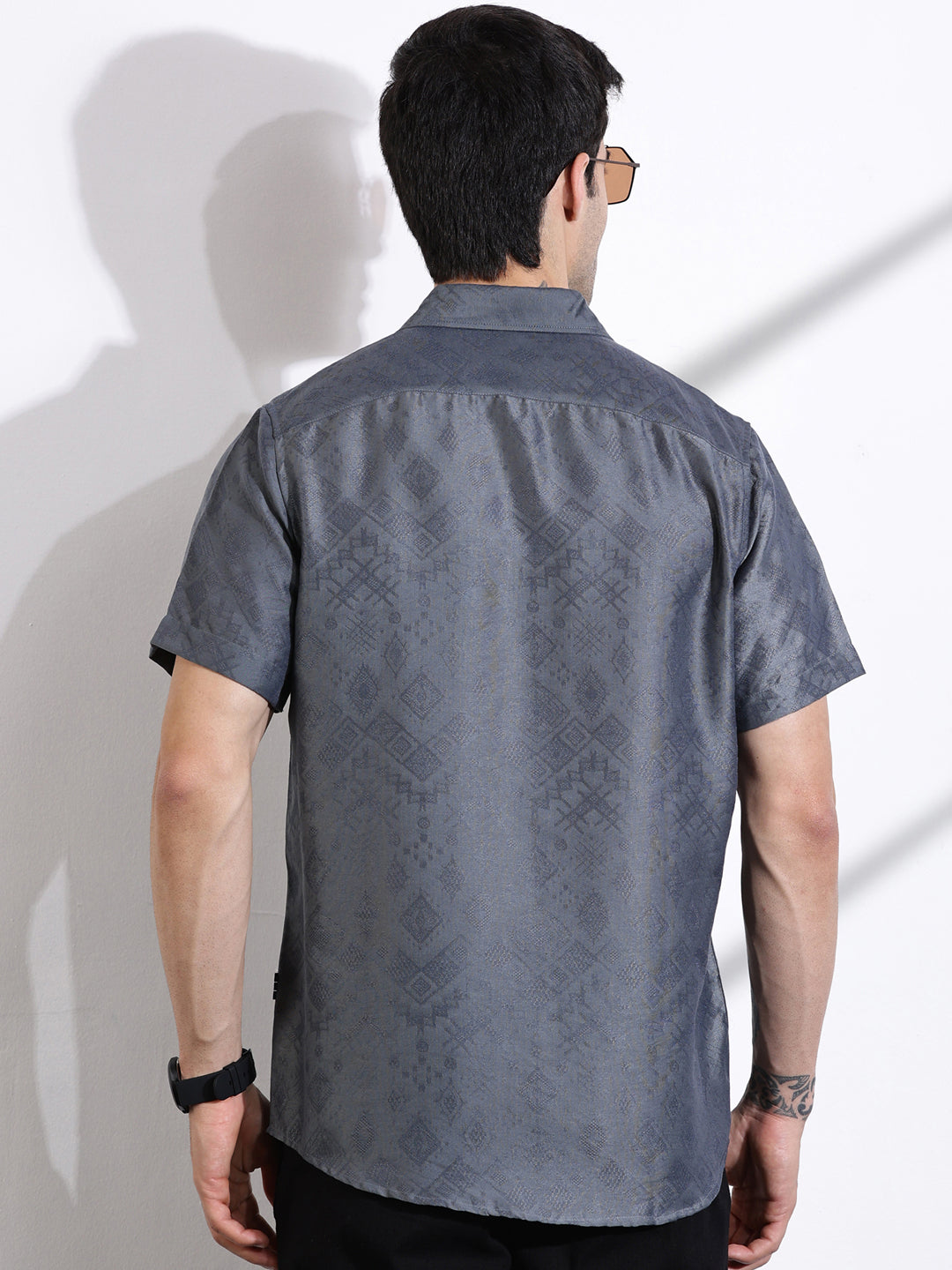 Thomas Scott Men Grey Slim Fit Geometric Print Casual Shirt