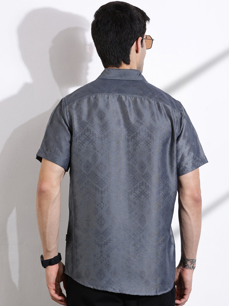 Thomas Scott Men Grey Slim Fit Geometric Print Casual Shirt