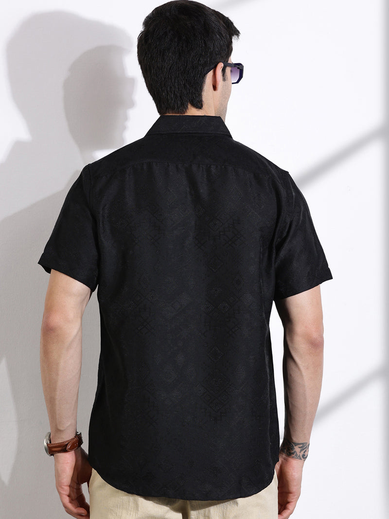 Thomas Scott Men Black Slim Fit Geometric Print Casual Shirt