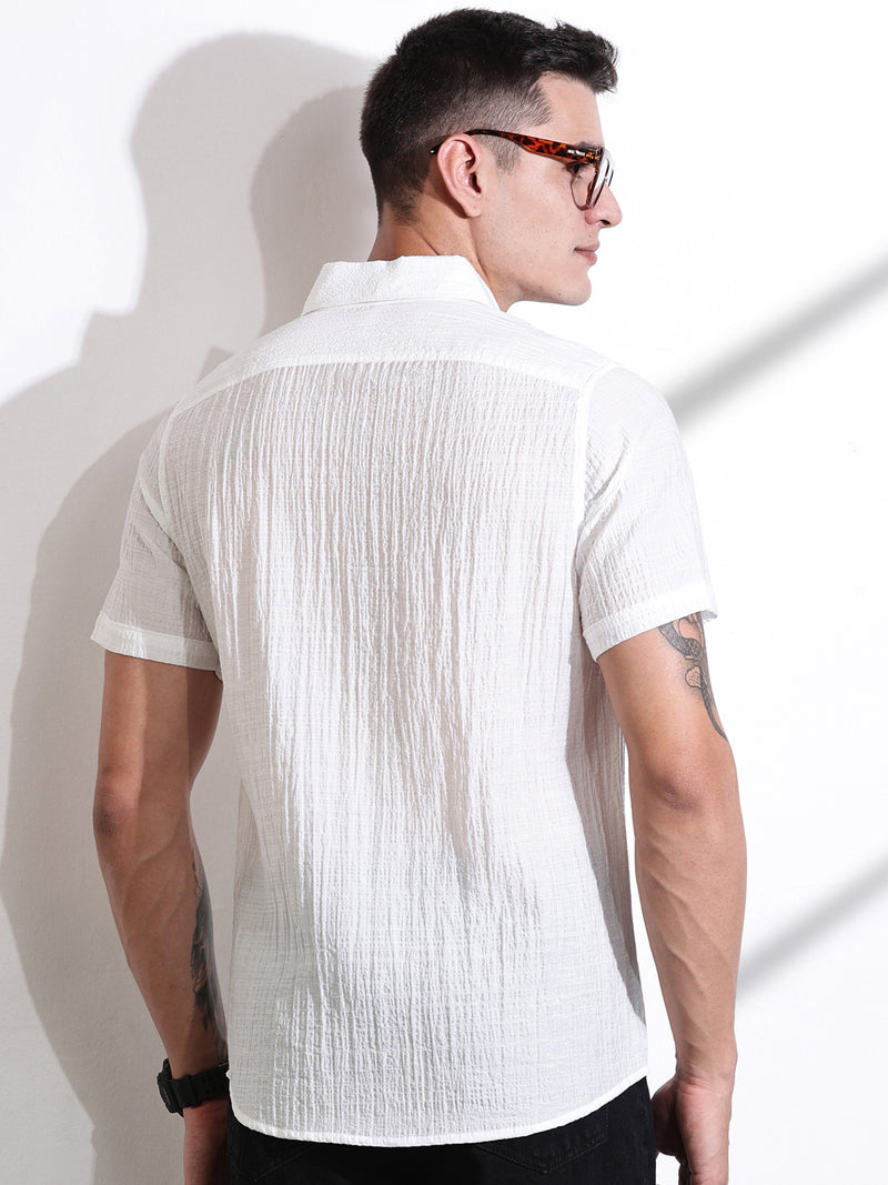 Thomas Scott Men White Slim Fit Textured Seersucker Casual Shirt