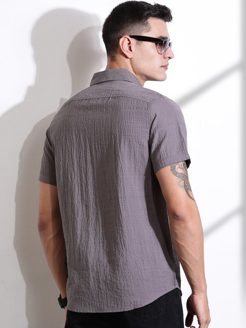 Thomas Scott Men Grey Slim Fit Textured Seersucker Casual Shirt