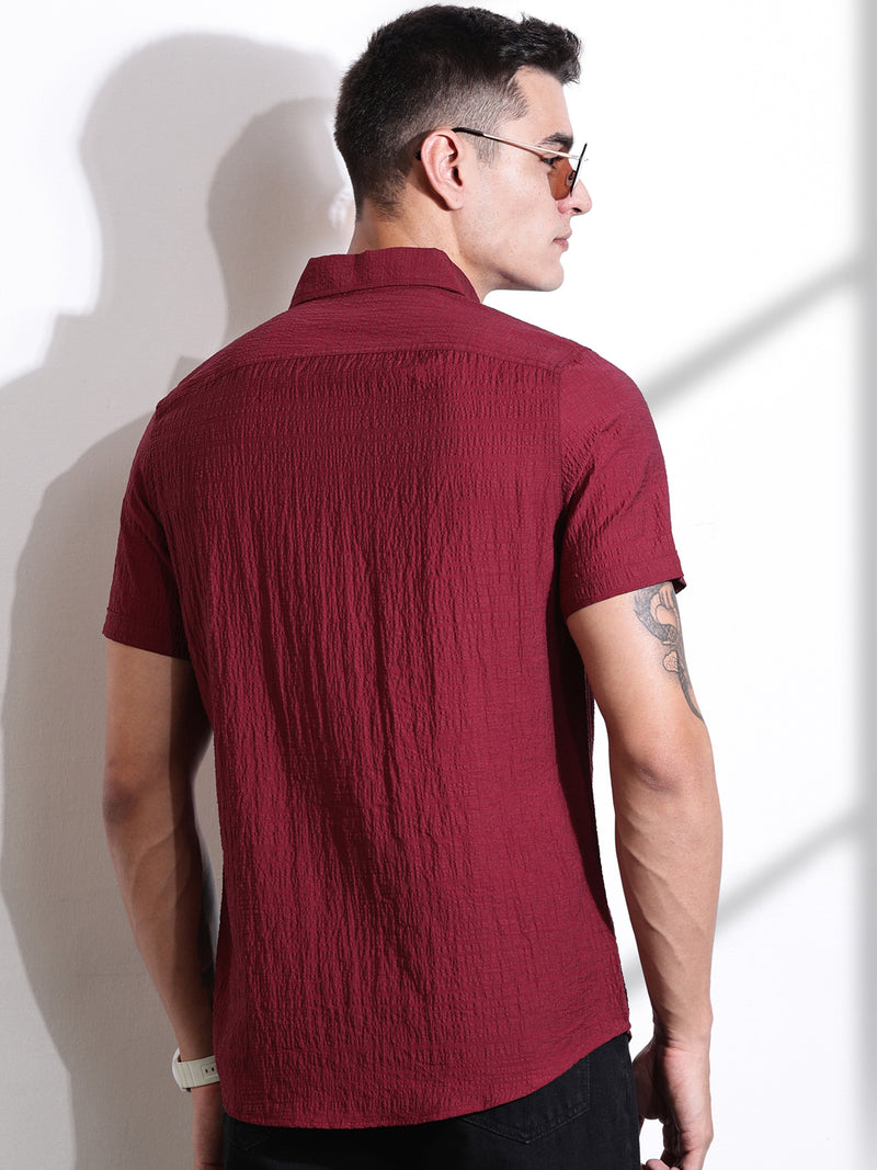Thomas Scott Men Maroon Slim Fit Textured Seersucker Casual Shirt