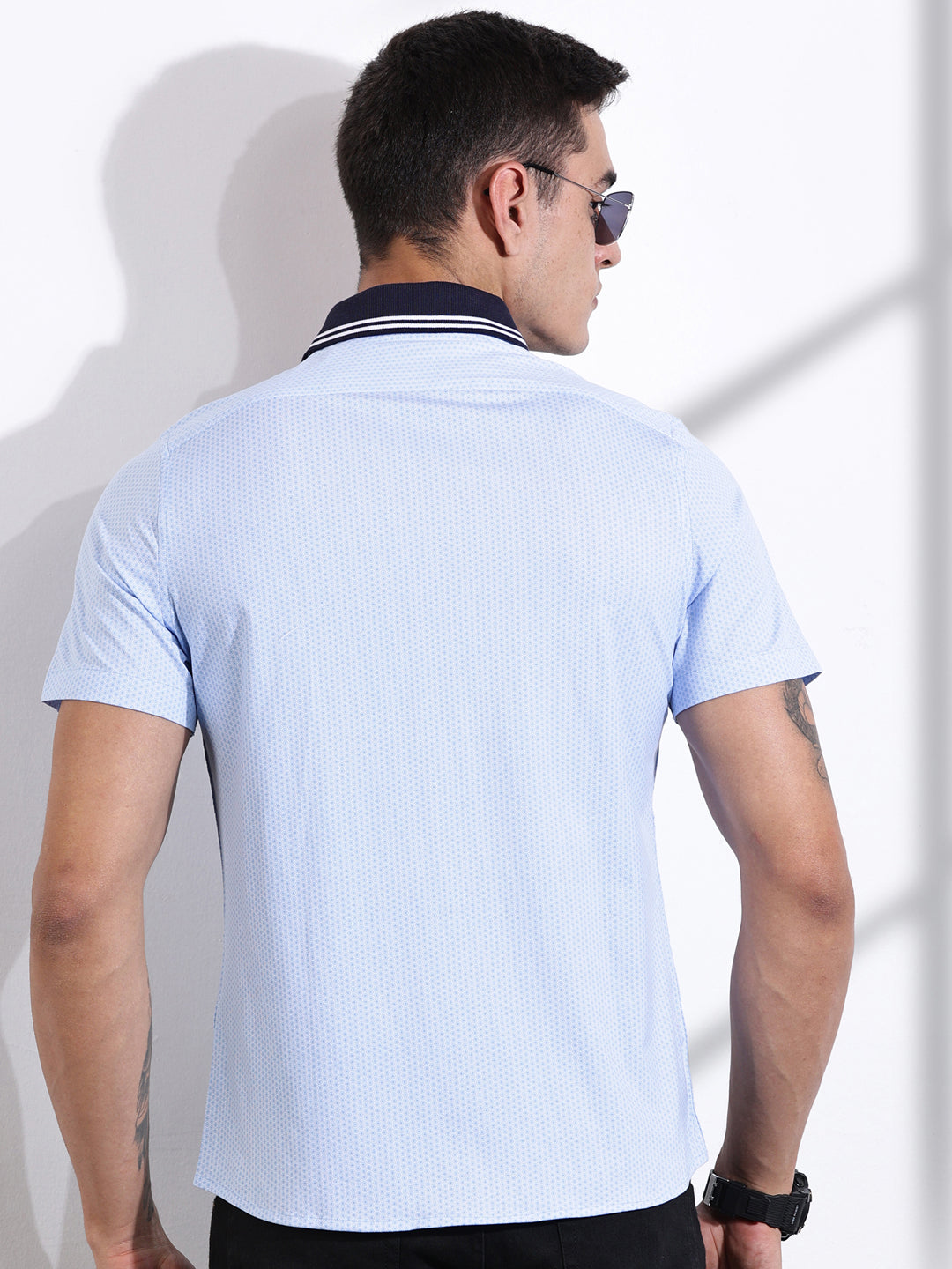 Thomas Scott Men SkyBlue Slim Fit Micro Ditsy Printed Knit Shirt