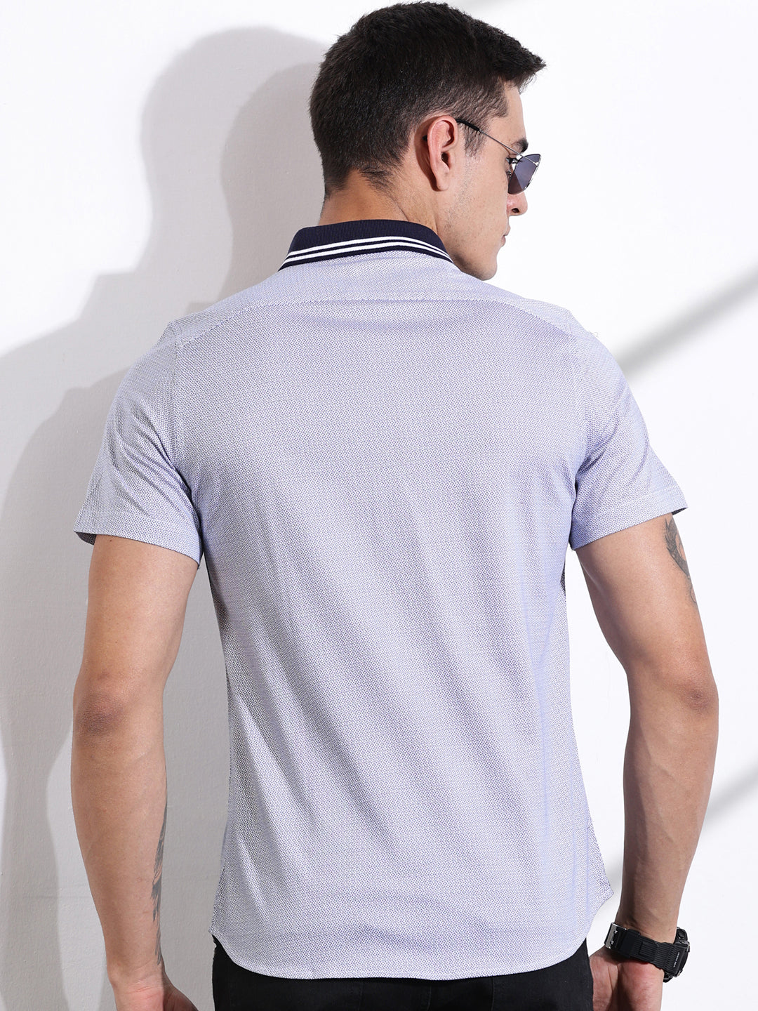 Thomas Scott Men LightNavy Slim Fit Micro Ditsy Printed Knit Shirt