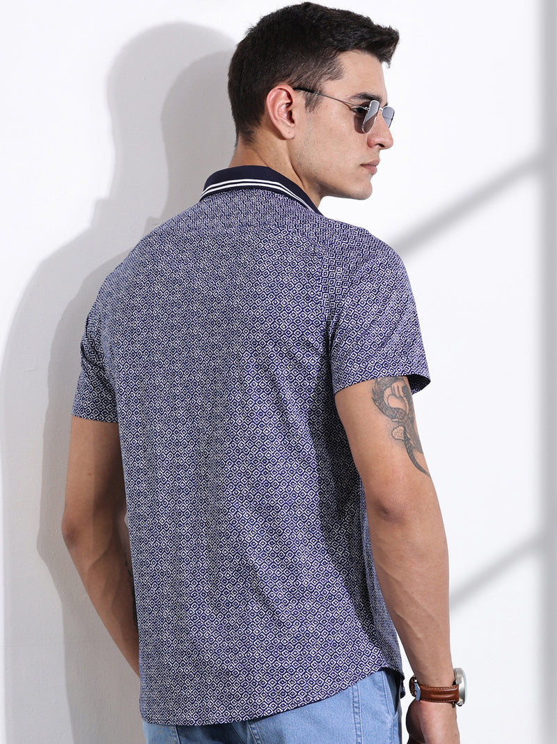 Thomas Scott Men Navy Slim Fit Abstract Printed Knit Shirt