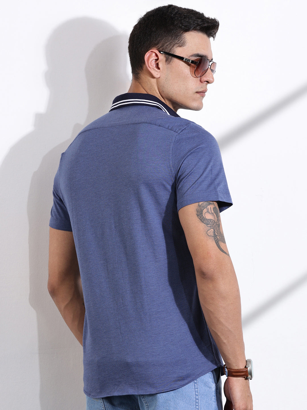 Thomas Scott Men DarkBlue Slim Fit Solid Knit Shirt