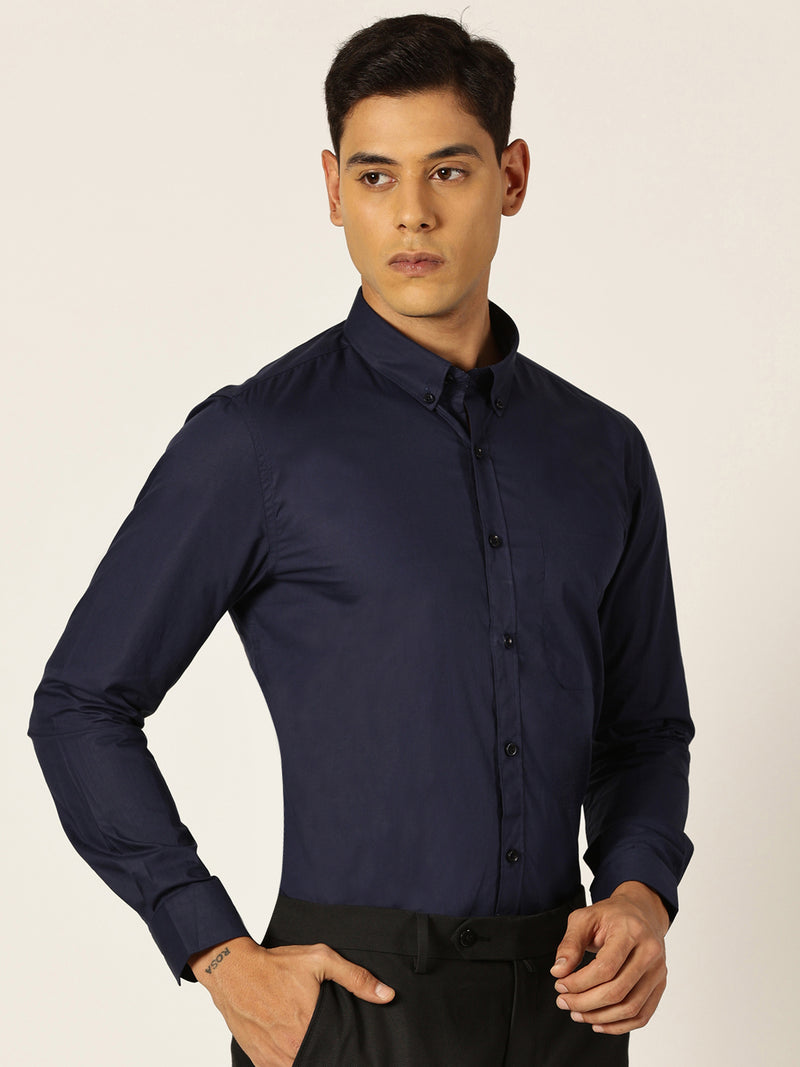Thomas Scott Men NavyBlue Slim Fit Solid Cotton Formal Shirt