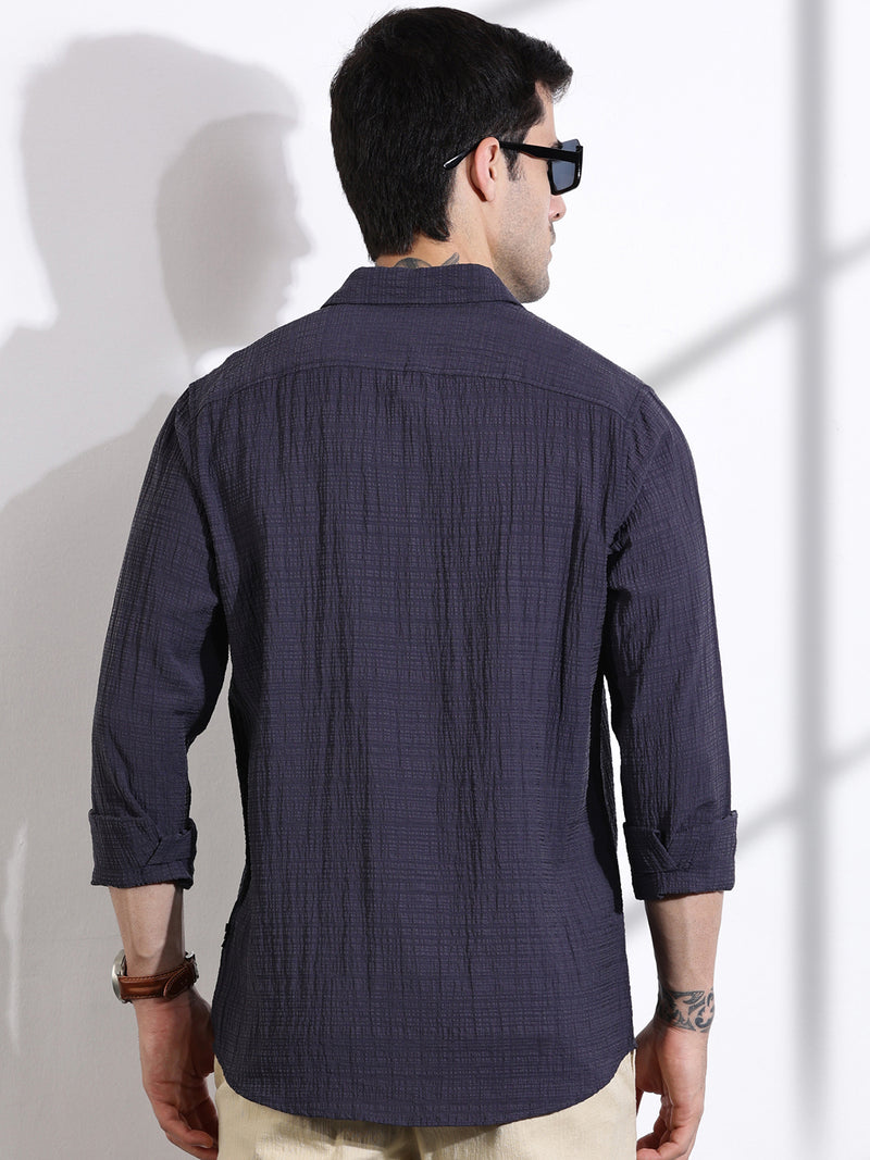 Thomas Scott Men DarkGrey Slim Fit Solid Seersucker Casual Shirt