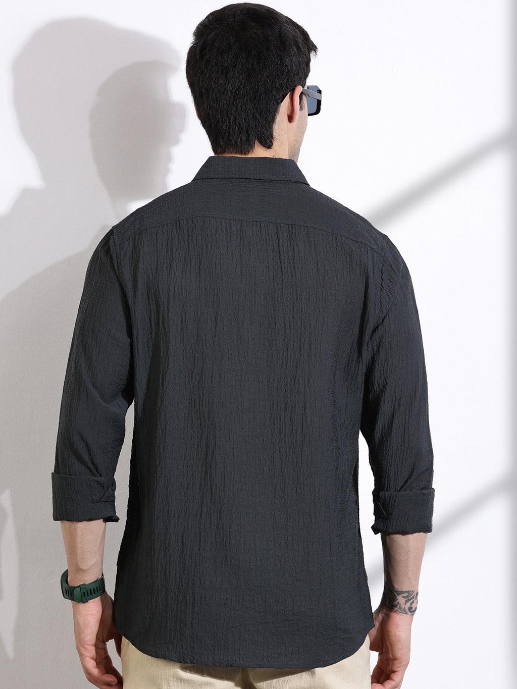 Thomas Scott Men BottleGreen Slim Fit Solid Seersucker Casual Shirt