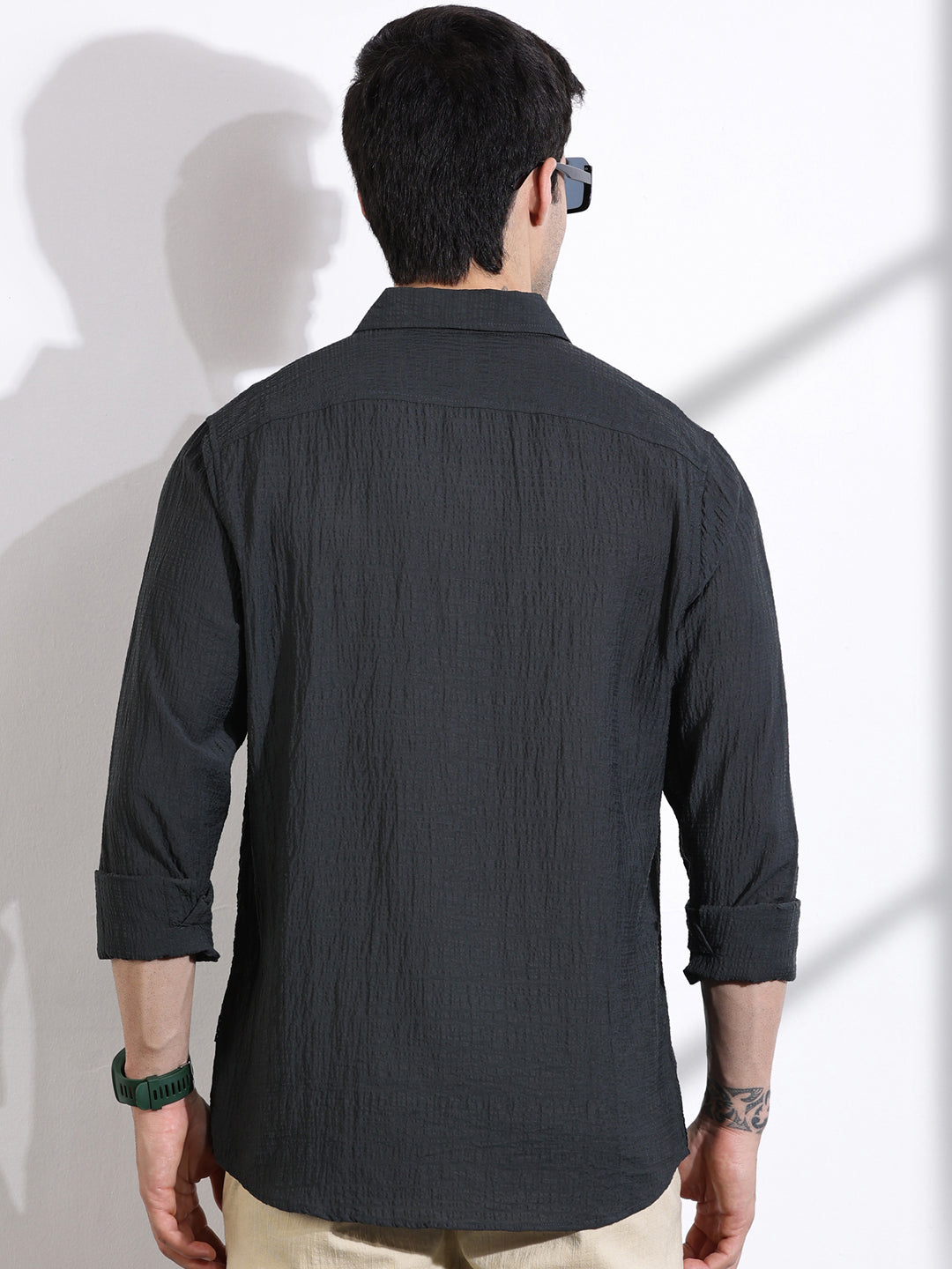 Thomas Scott Men BottleGreen Slim Fit Solid Seersucker Casual Shirt