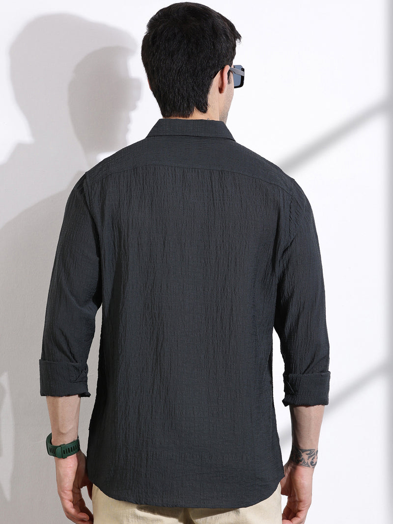 Thomas Scott Men BottleGreen Slim Fit Solid Seersucker Casual Shirt