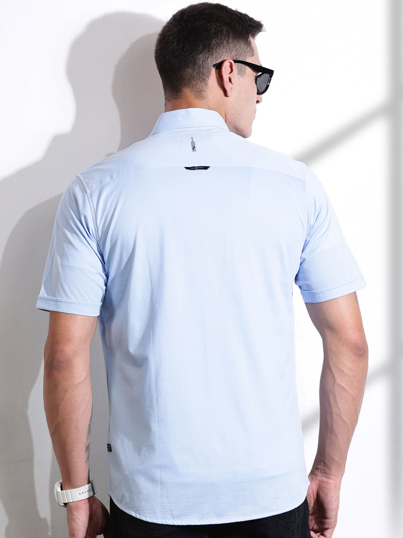 Thomas Scott Men Blue Slim Fit Short Sleeve Solid Cotton Knitted Shirt