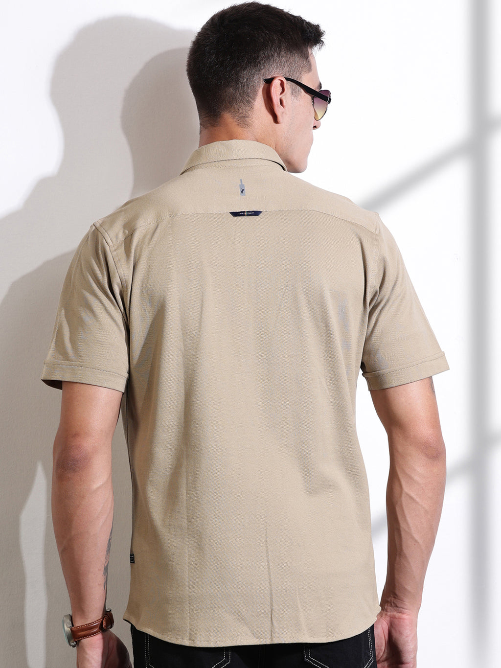 Thomas Scott Men Beige Slim Fit Short Sleeve Solid Cotton Knitted Shirt