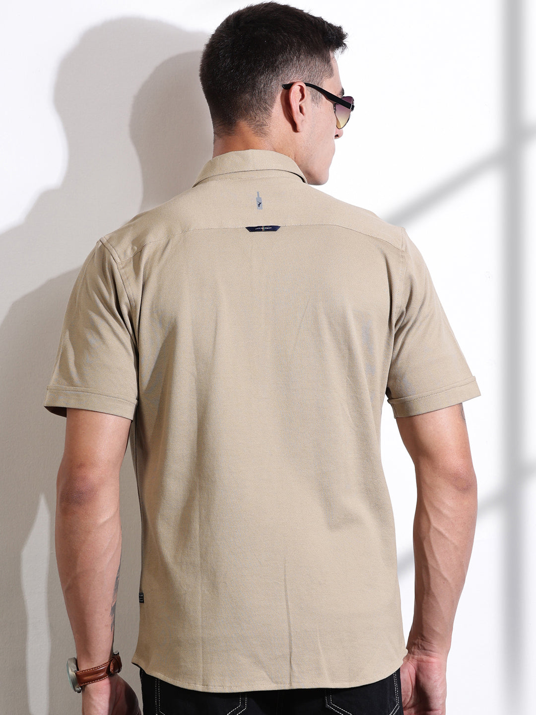 Thomas Scott Men Beige Slim Fit Short Sleeve Solid Cotton Knitted Shirt