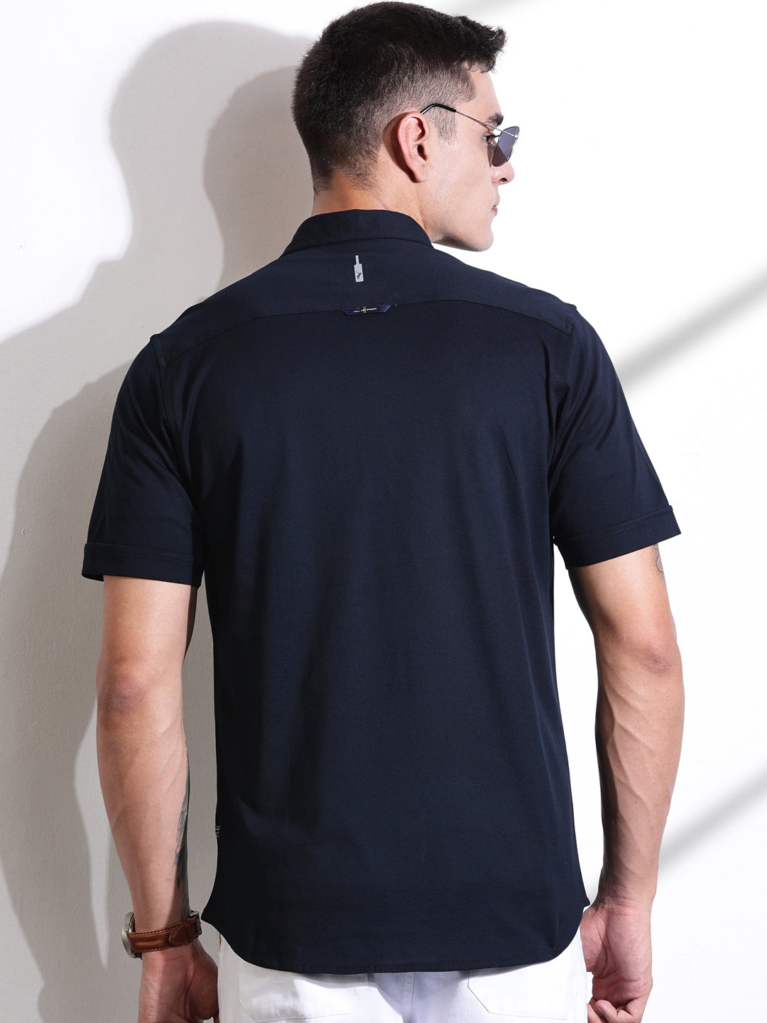Thomas Scott Men Black Slim Fit Short Sleeve Solid Cotton Knitted Shirt