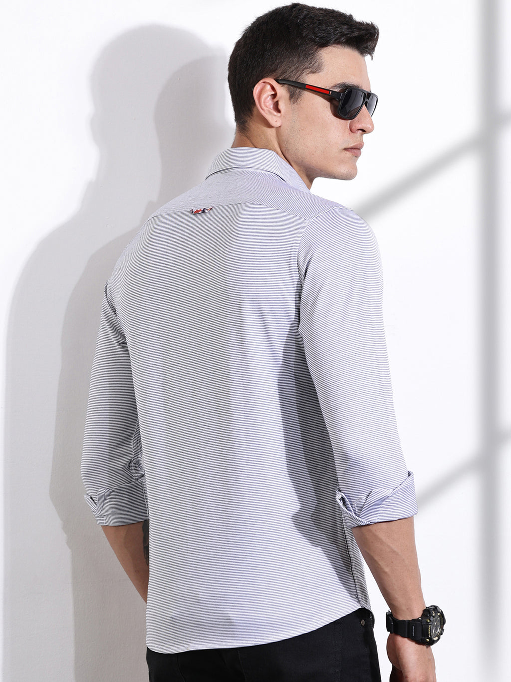 Thomas Scott Men Black Slim Fit Spread Collar Horizontal Striped Cotton Knitted Shirt