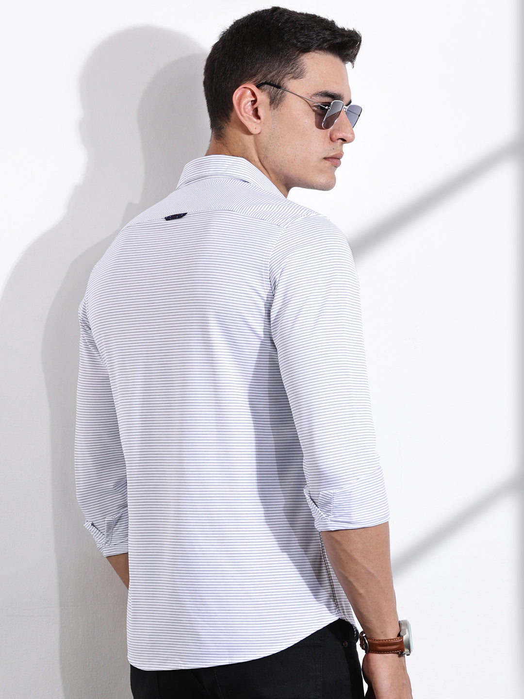 Thomas Scott Men SkyBlue Slim Fit Horizontal Stripes Cotton Knitted Shirt