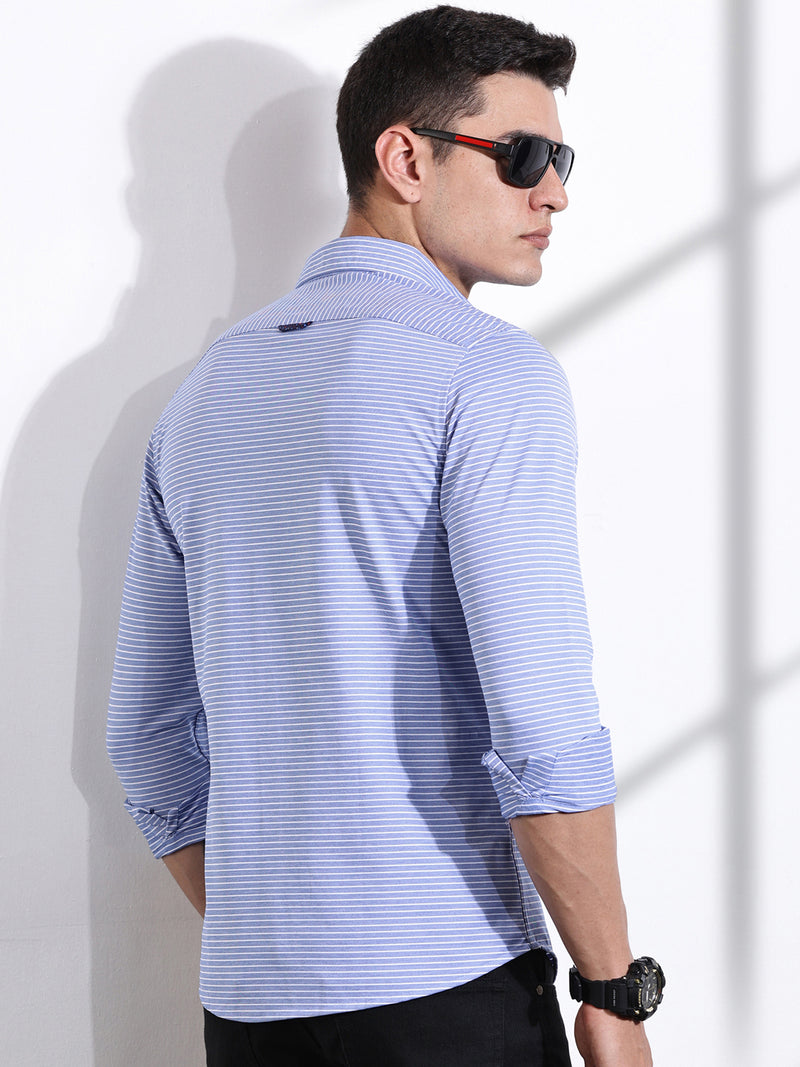 Thomas Scott Men Blue Slim Fit Horizontal Stripes Casual Shirt