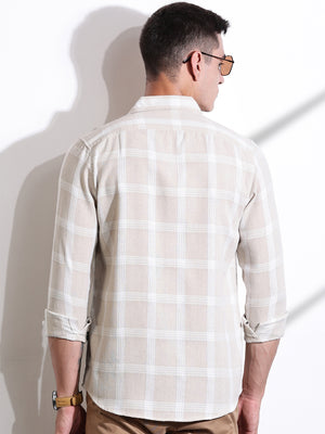 Beige Slim Fit Windowpane Checked Cotton Casual Shirt