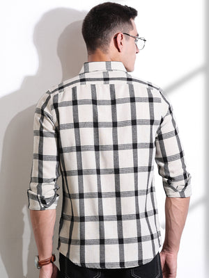 Black Slim Fit Windowpane Checked Cotton Casual Shirt