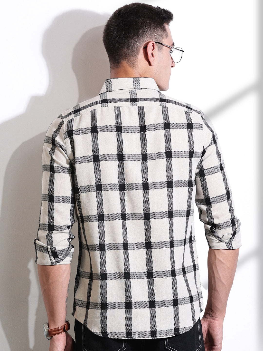 Black Slim Fit Windowpane Checked Cotton Casual Shirt