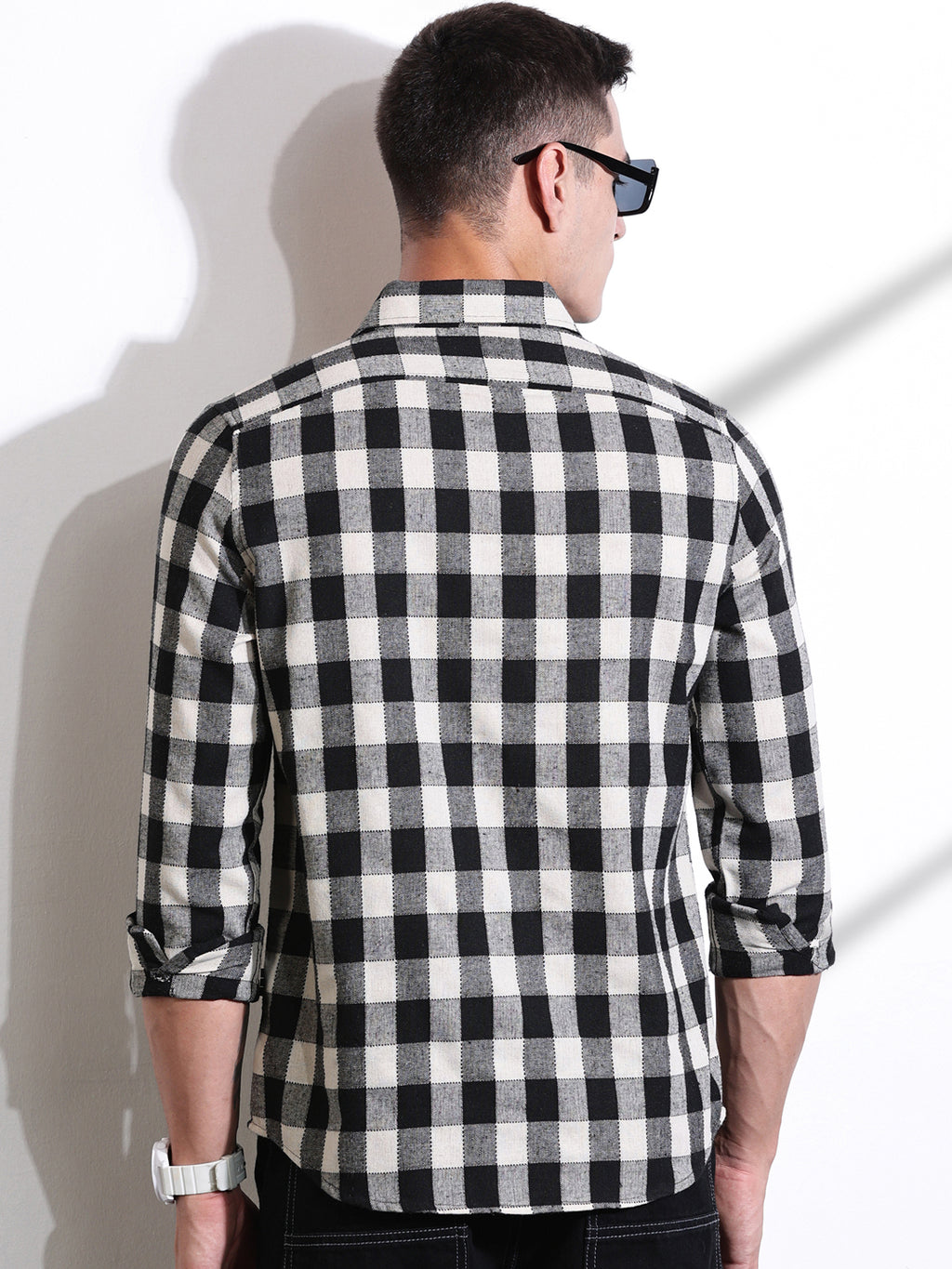 Thomas Scott Men Black Slim Fit Windowpane Checked Cotton Casual Shirt