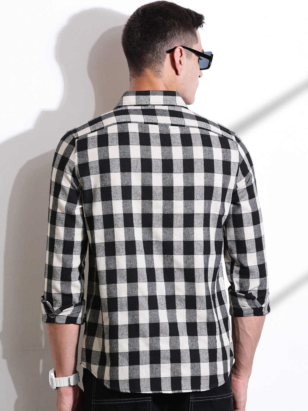 Thomas Scott Men Black Slim Fit Windowpane Checked Cotton Casual Shirt