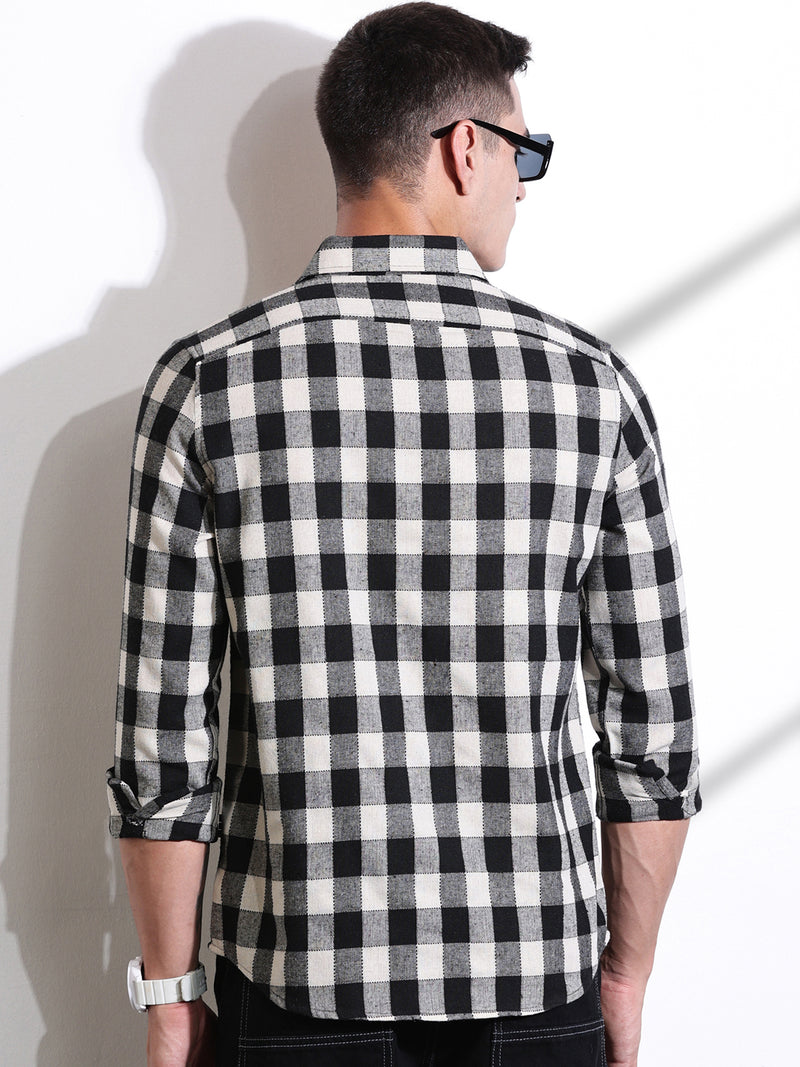 Thomas Scott Men Black Slim Fit Windowpane Checked Cotton Casual Shirt