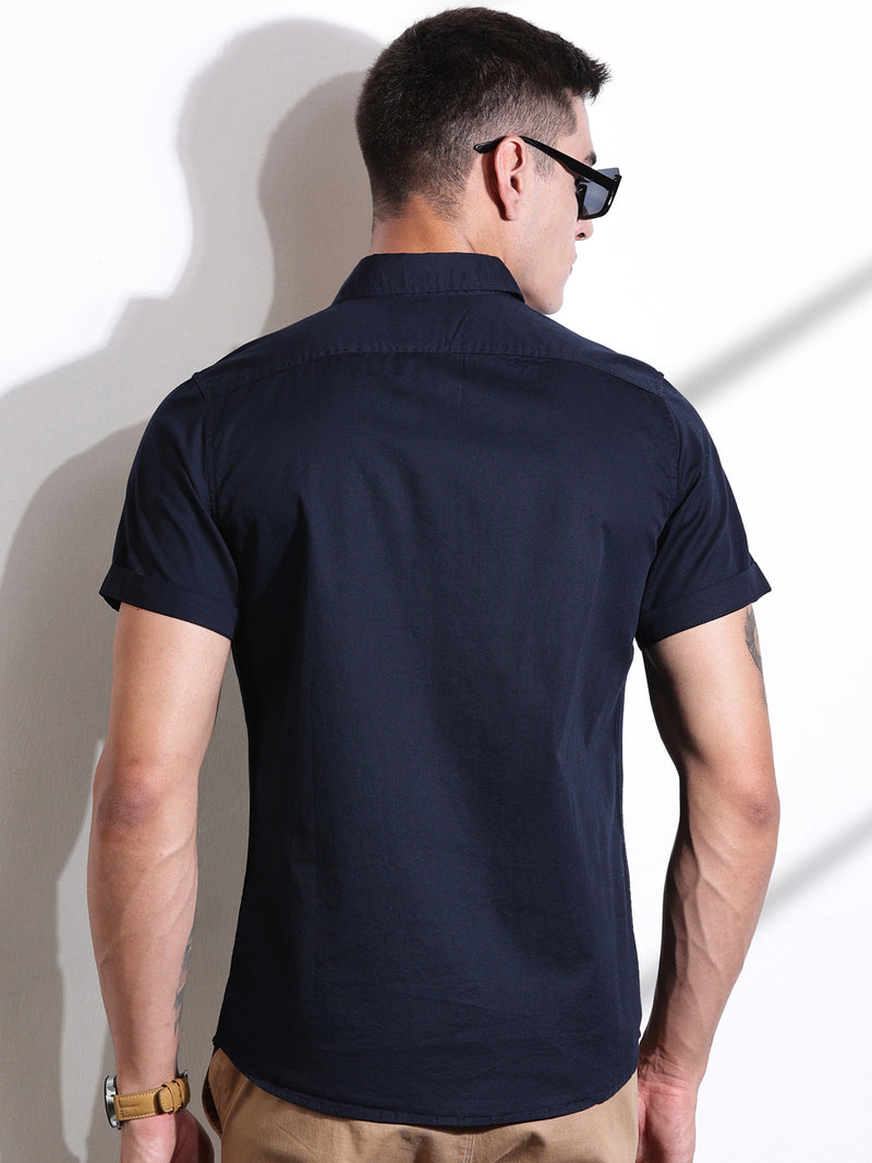 Thomas Scott Men Navy Slim Fit Solid Cotton Casual Shirt