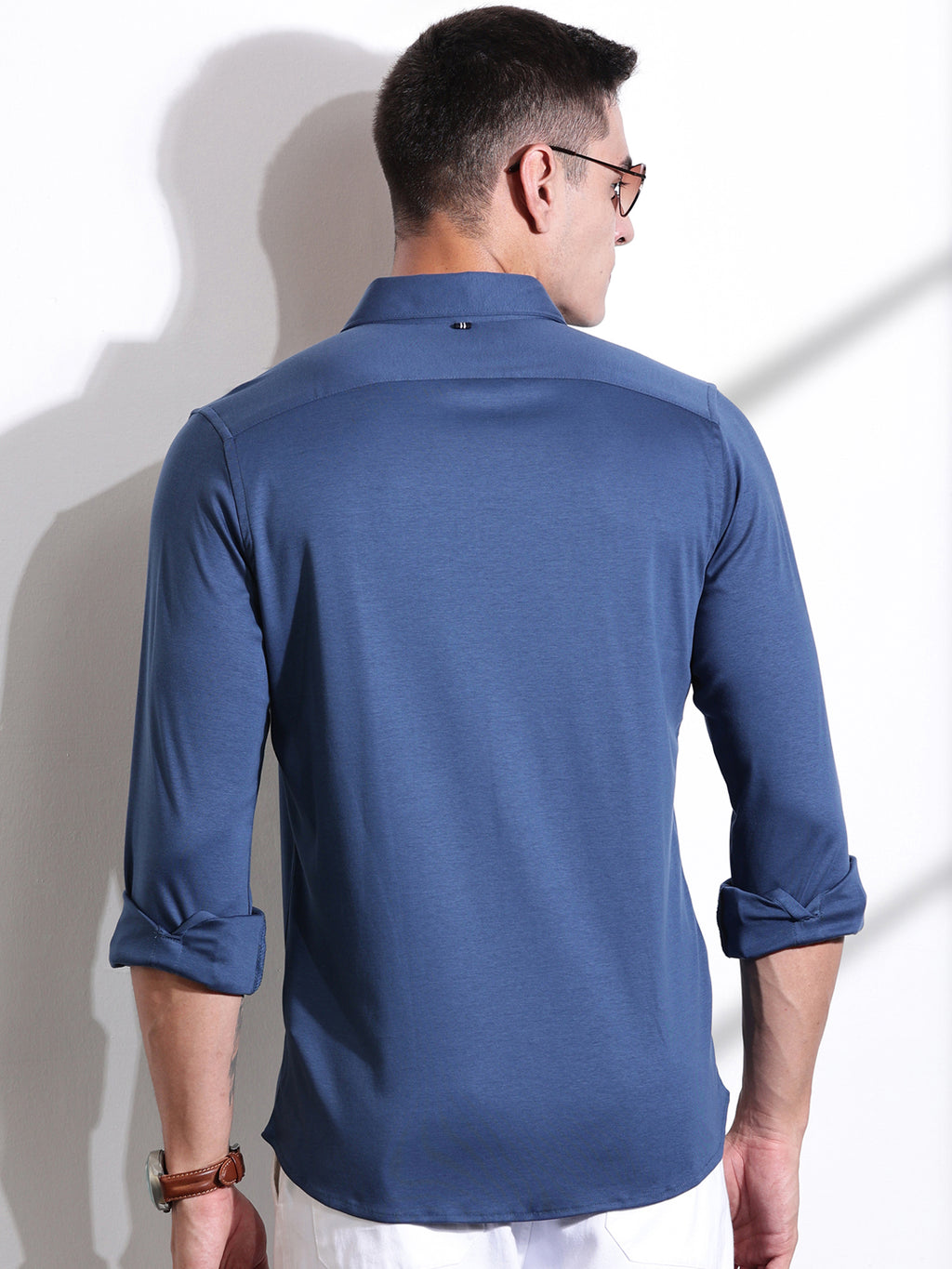 Thomas Scott Men Medium Blue Spread Collar Slim Fit Long Sleeves Solid Knitted Shirt