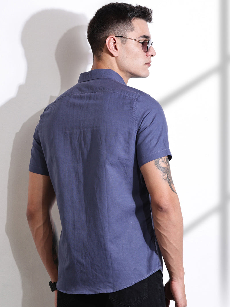 Thomas Scott Men Blue Slim Fit Solid Linen Casual Shirt