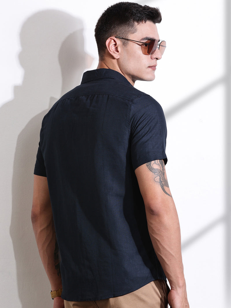 Thomas Scott Men Navy Slim Fit Solid Linen Casual Shirt