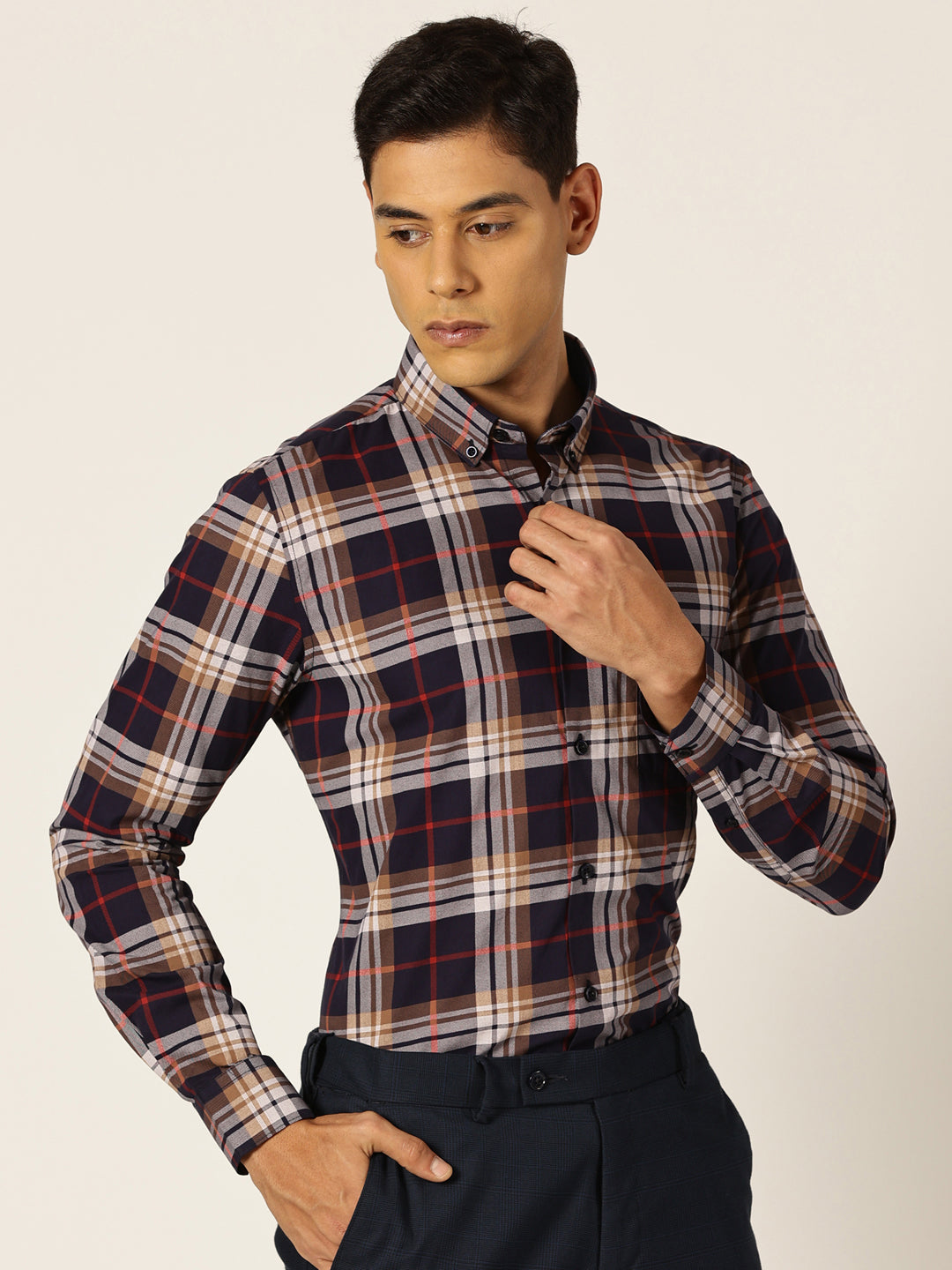 Thomas Scott Men Navyblue Slim Fit Windowpane Checked Cotton Formal Shirt