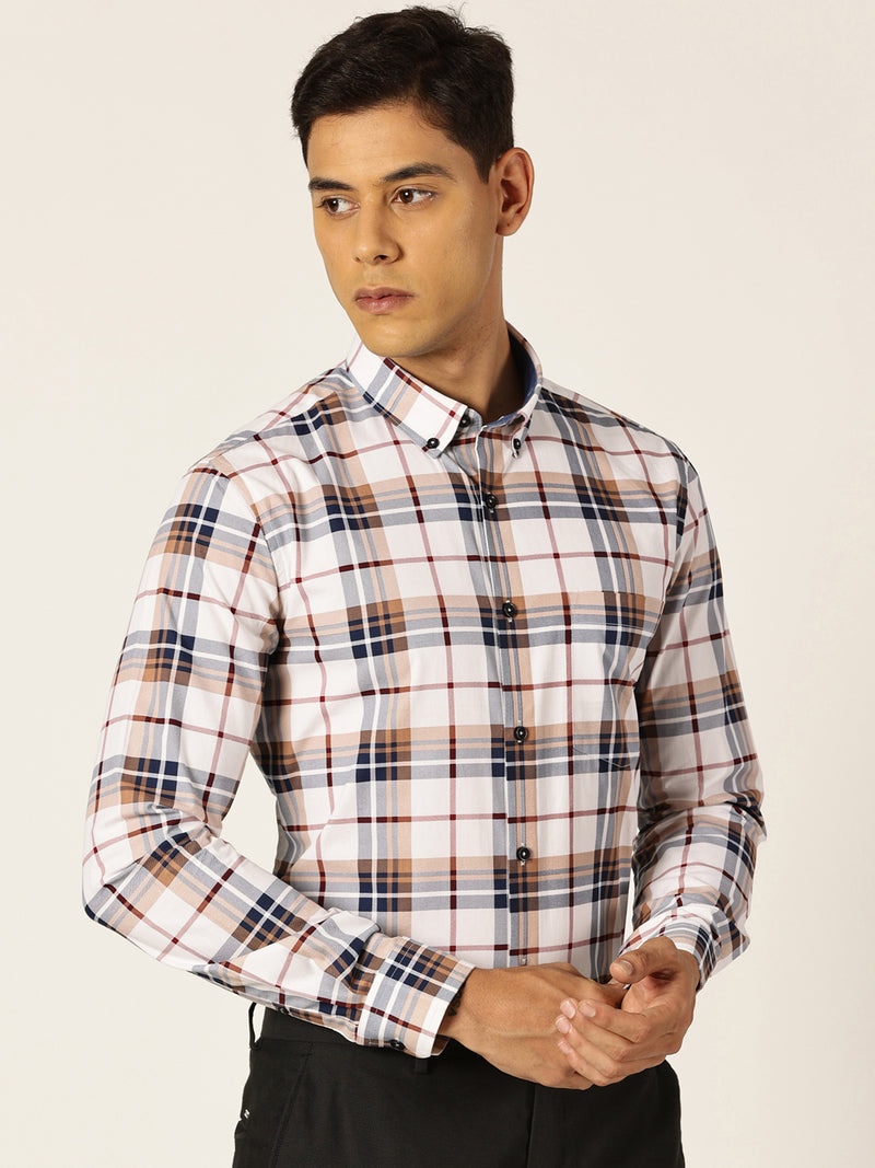 Thomas Scott Men White Slim Fit Windowpane Checked Cotton Formal Shirt