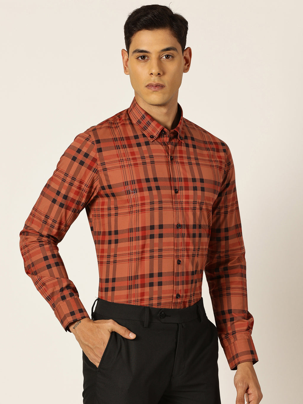 Thomas Scott Men Red Slim Fit Windowpane Checked Cotton Formal Shirt