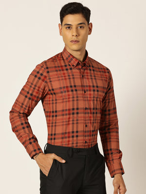Thomas Scott Men Red Slim Fit Windowpane Checked Cotton Formal Shirt