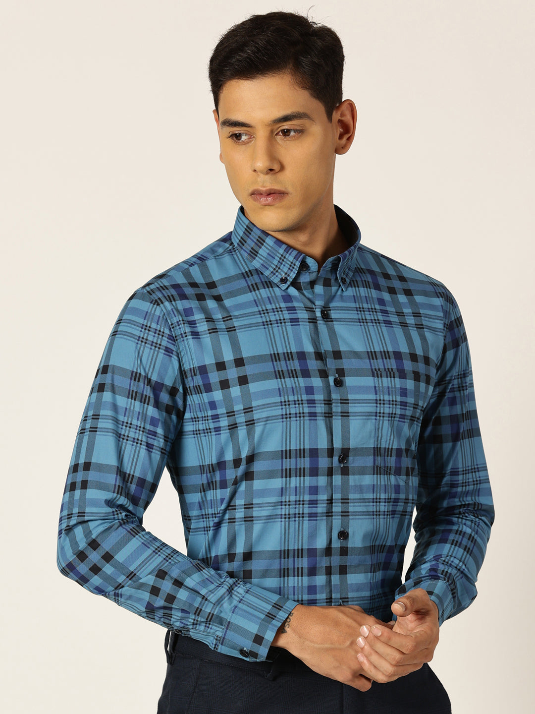 Thomas Scott Men NavyBlue Slim Fit Windowpane Checked Cotton Formal Shirt
