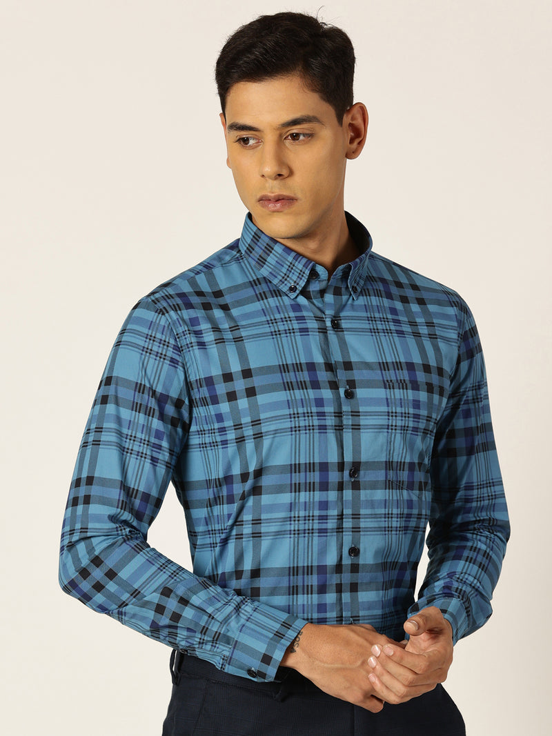 Thomas Scott Men NavyBlue Slim Fit Windowpane Checked Cotton Formal Shirt