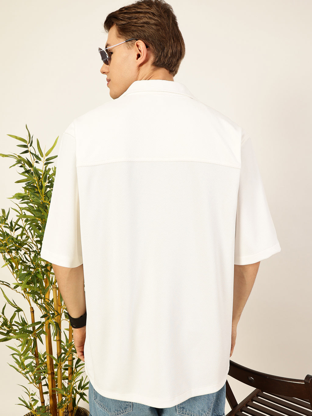 White Oversized Textured Twill Casual Shirt