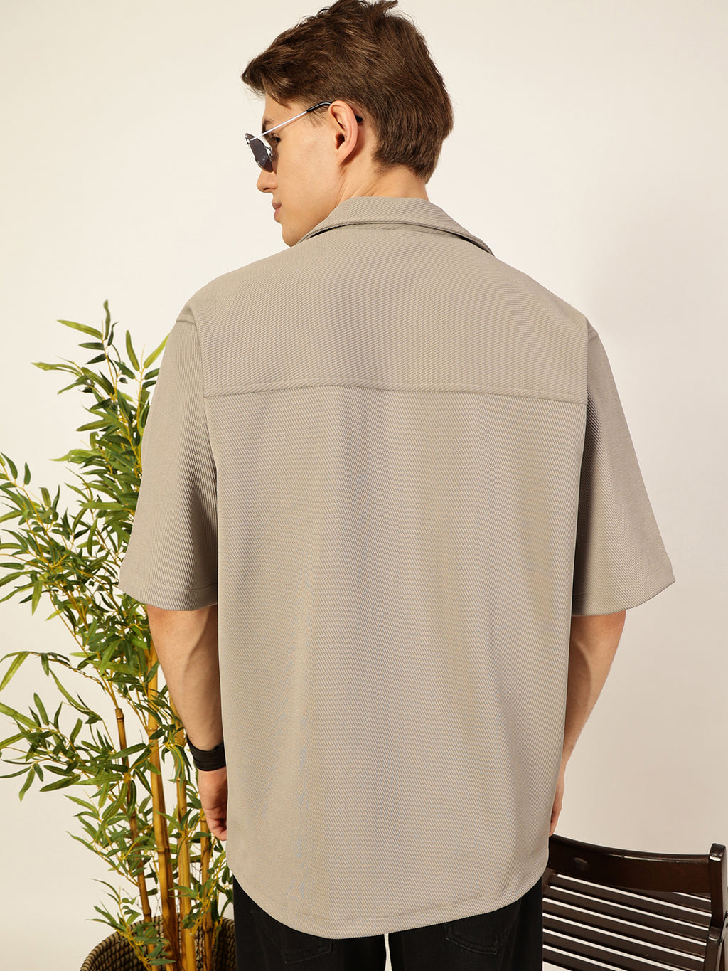 LightGrey Oversized Textured Twill Casual Shirt