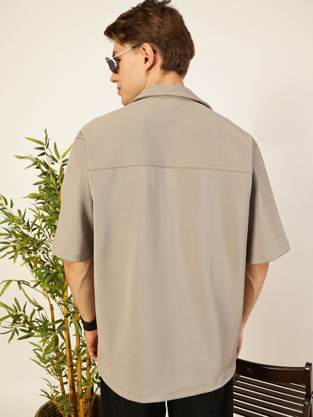 LightGrey Oversized Textured Twill Casual Shirt