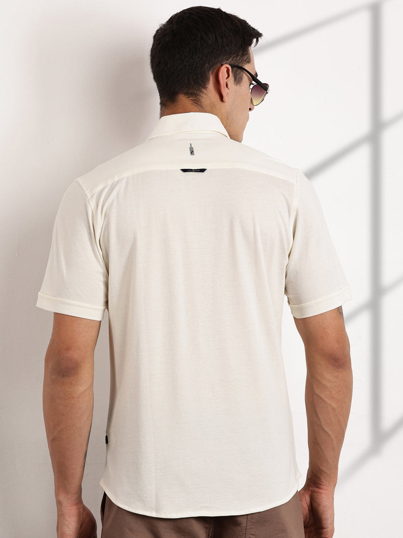 Thomas Scott Men Off White Slim Fit Short Sleeves Solid Knit Shirt