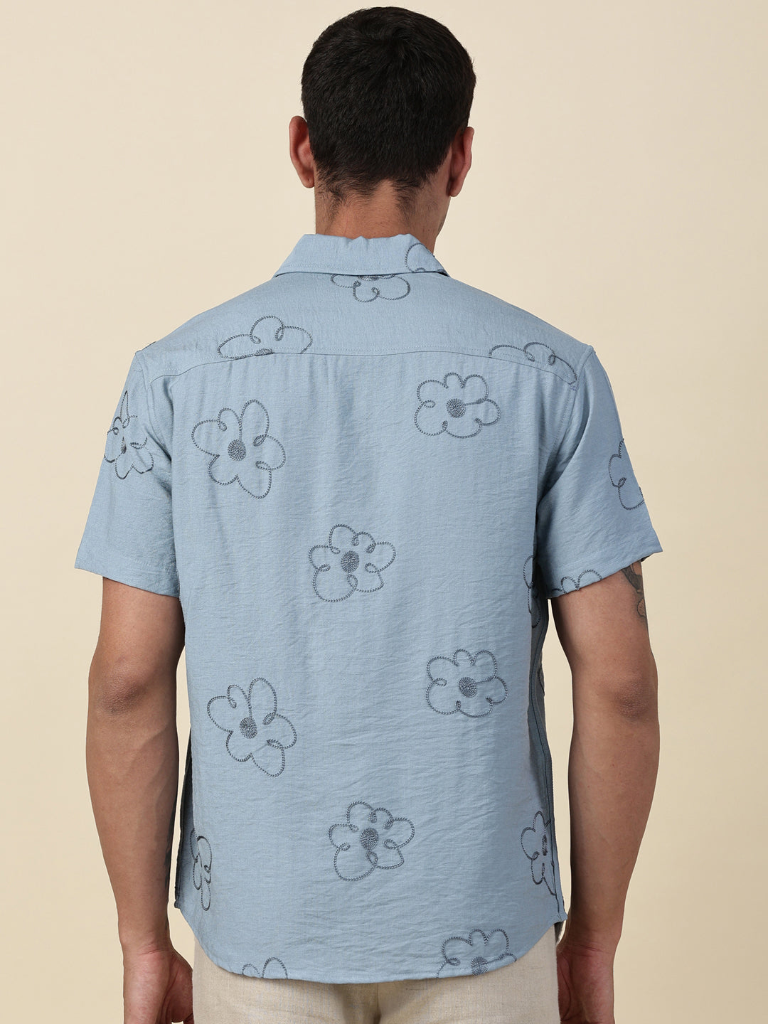 Thomas Scott Men Blue Regular Fit Short Sleeves Cuban Collar Embroidered Shirt