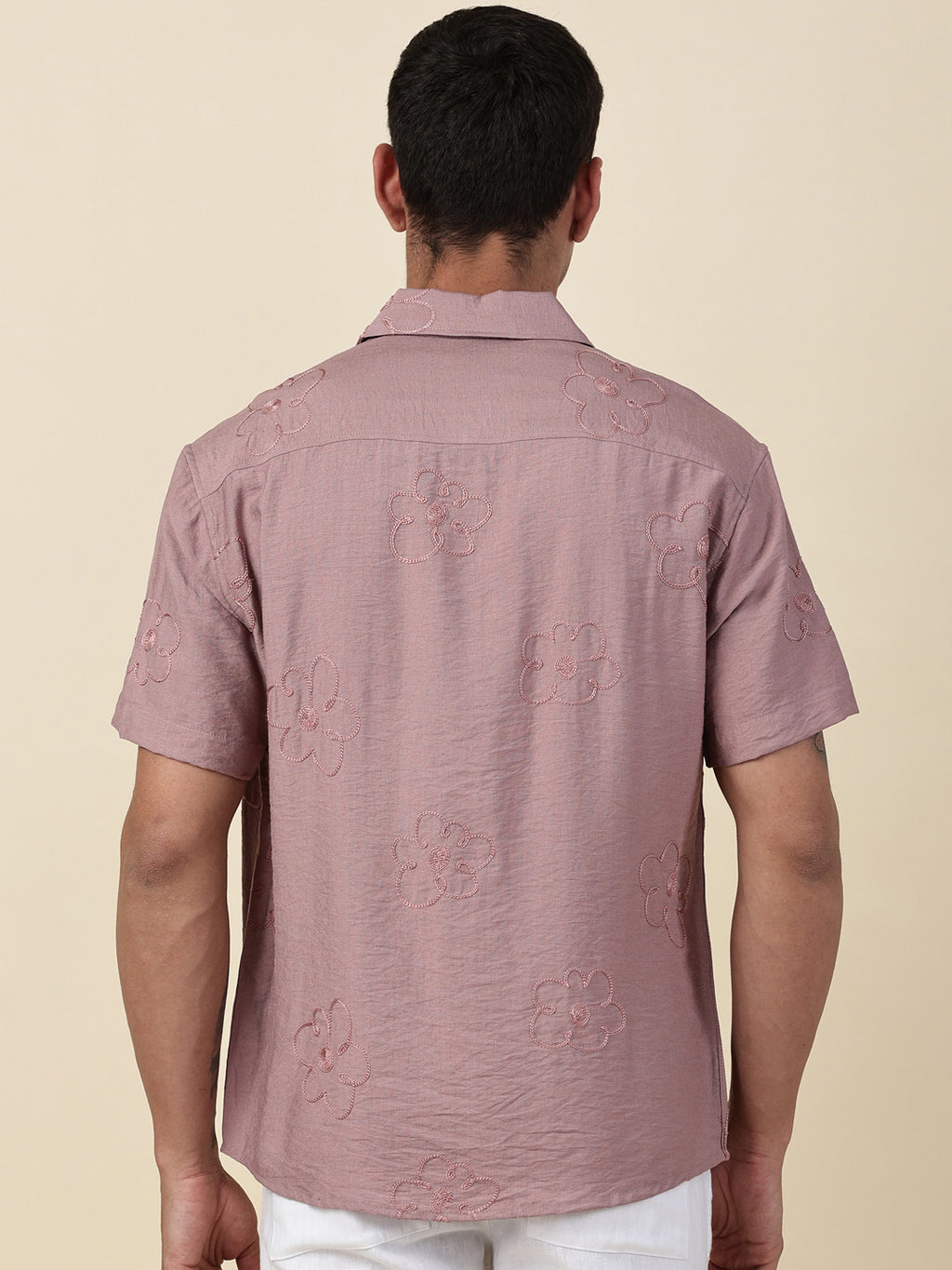 Thomas Scott Men Pink Regular Fit Short Sleeves Cuban Collar Embroidered Shirt