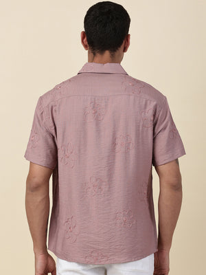 Thomas Scott Men Pink Regular Fit Short Sleeves Cuban Collar Embroidered Shirt