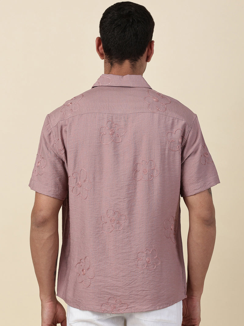Thomas Scott Men Pink Regular Fit Short Sleeves Cuban Collar Embroidered Shirt