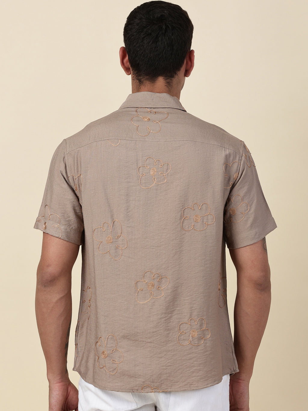 Thomas Scott Men Beige Regular Fit Short Sleeves Cuban Collar Embroidered Shirt
